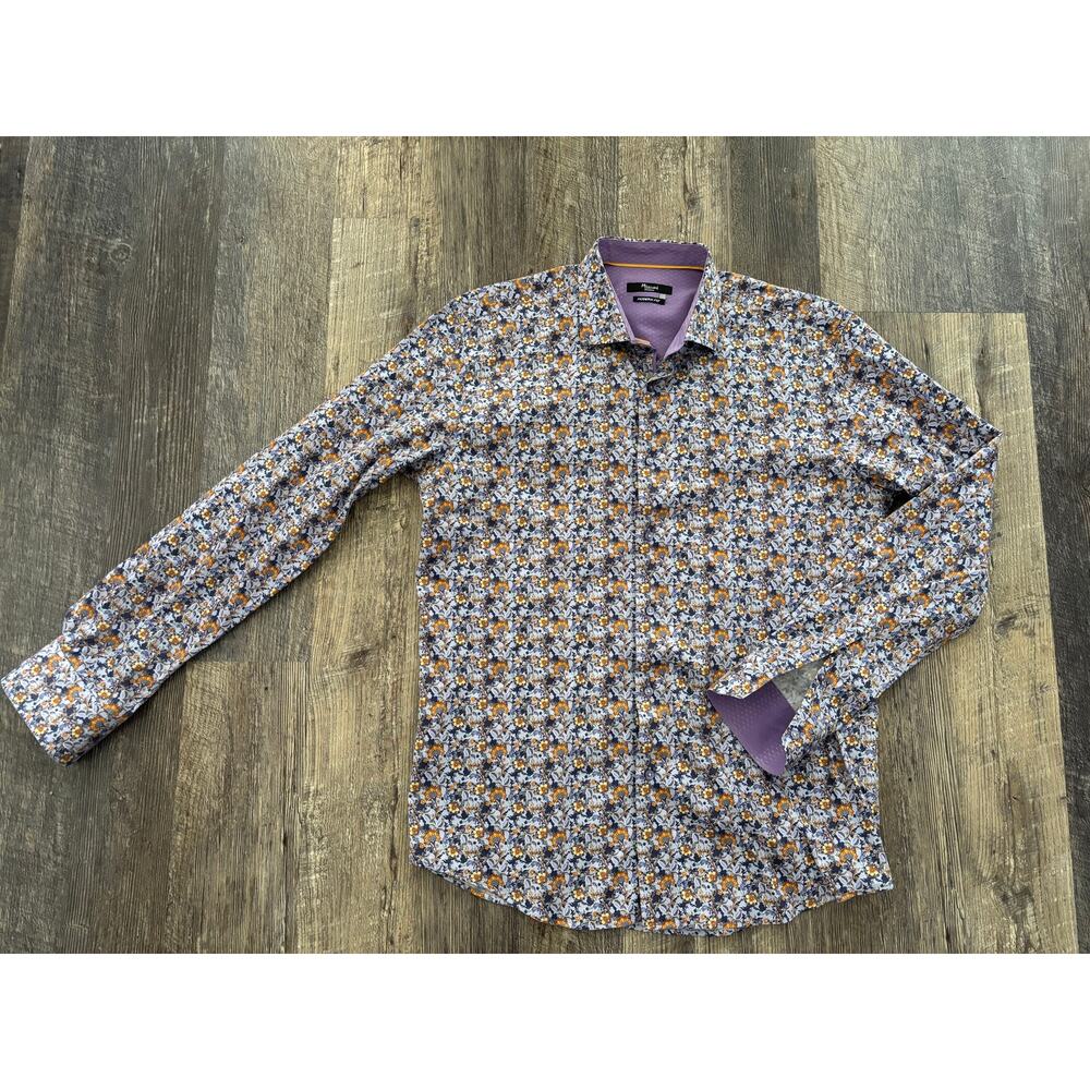 Mizumi Couture Mens Floral Paisley Button Down Shirt Modern Fit Purple Large L